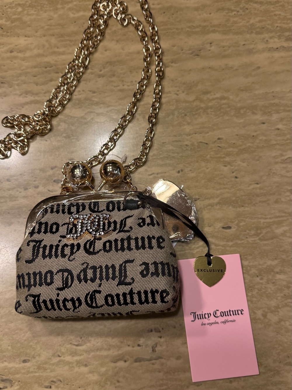 Juicy Couture Beige Script Logo Kisslick Mini Bag with Gold Chain